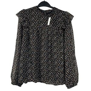 NWT Madewell Georgette Mockneck Ruffle-Yoke Puff-Sleeve Top Sz L Black Floral